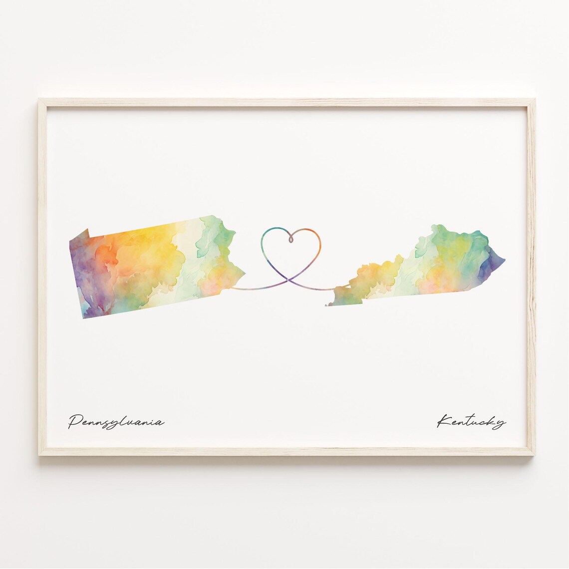 Pennsylvania To Kentucky Watercolor Map Heart Long Distance Gift Poster