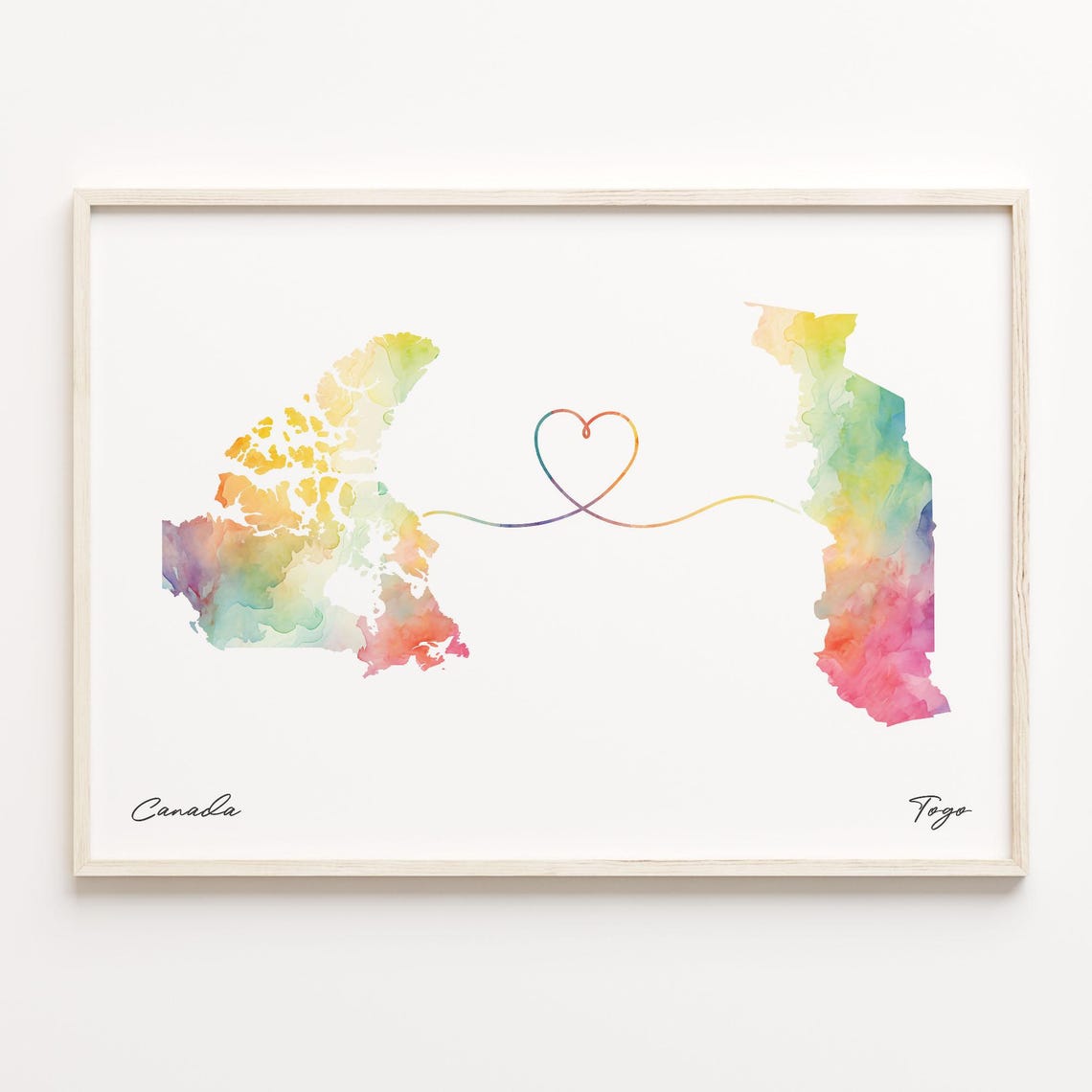 Canada Togo Watercolor Long Distance Heart Connection Map Art Poster