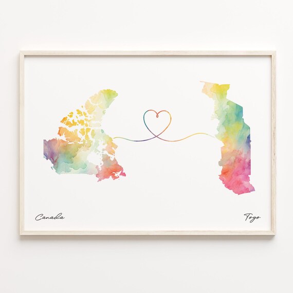 Canada Togo Watercolor Long Distance Heart Connection Map Art Poster