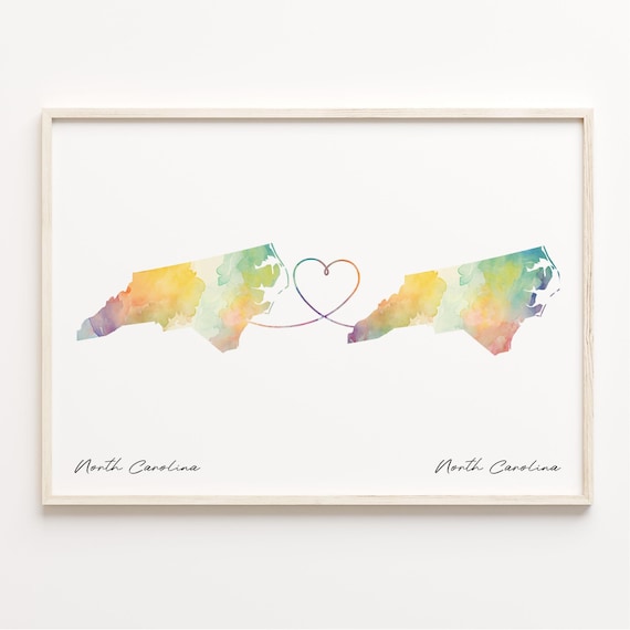 North Carolina To North Carolina Watercolor Map Heart Love Print