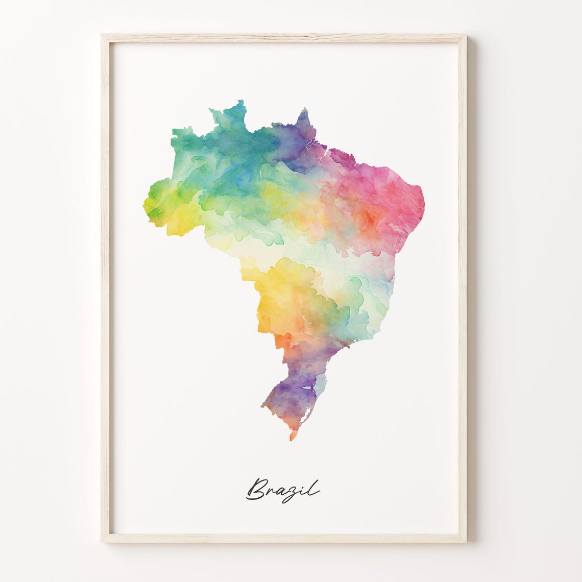 Brazil Rainbow Watercolor Map Poster with Hand Lettered Country Script