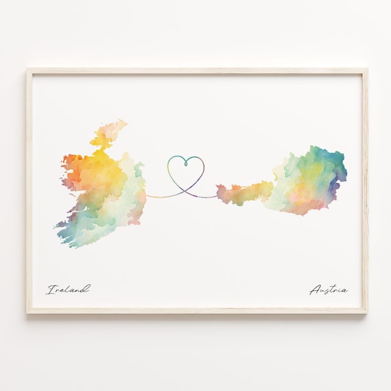 Ireland to Austria Watercolor Heart Map Long Distance Love Print