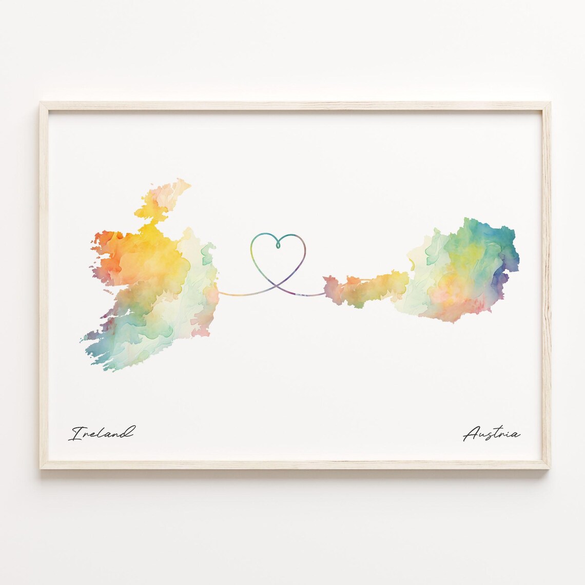 Ireland to Austria Watercolor Heart Map Long Distance Love Print