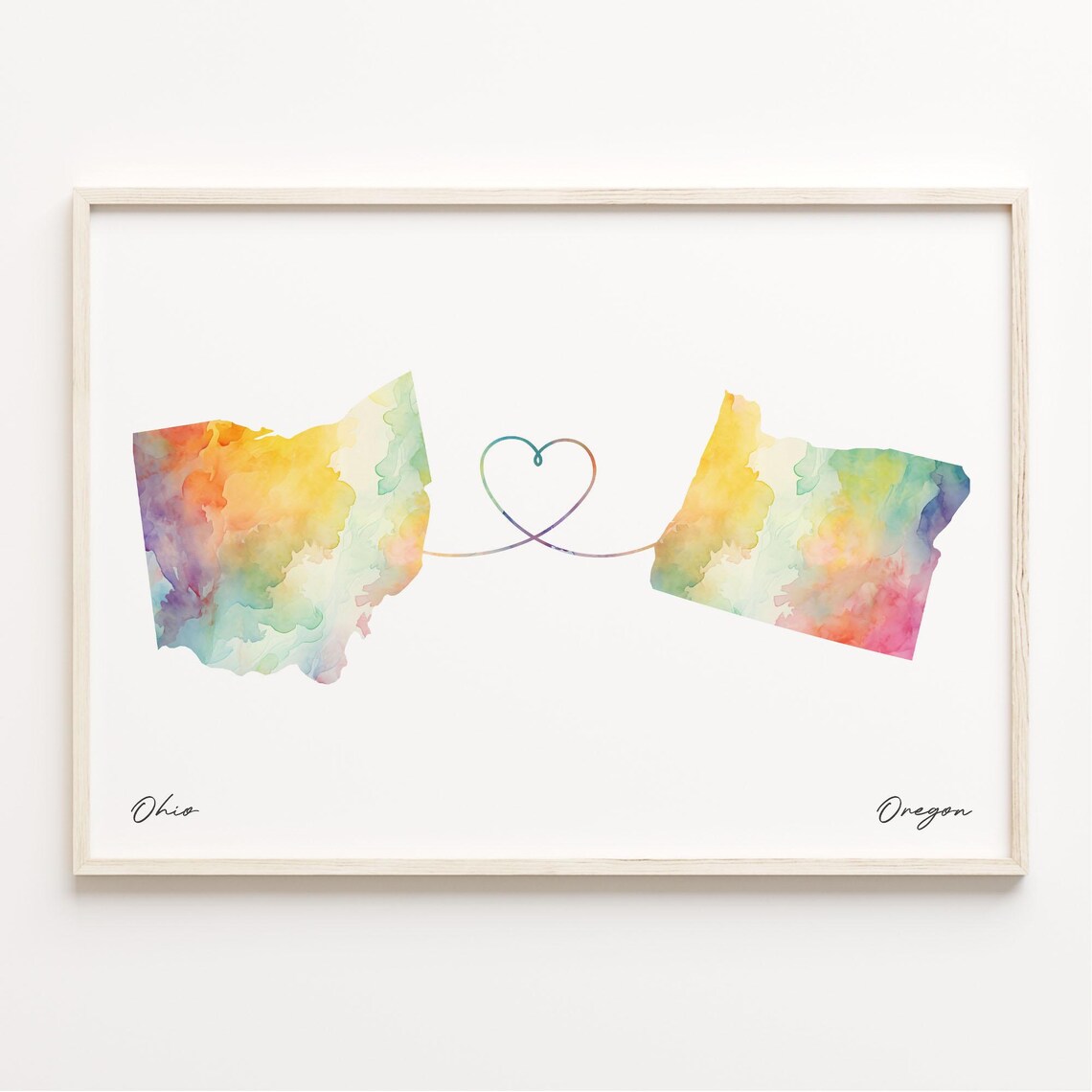 Ohio To Oregon Watercolor Map Heart Connection Long Distance Love Print