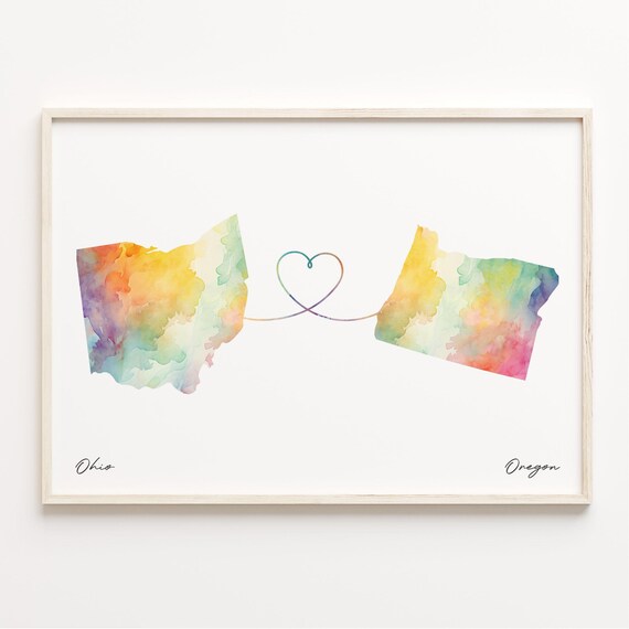 Ohio To Oregon Watercolor Map Heart Connection Long Distance Love Print