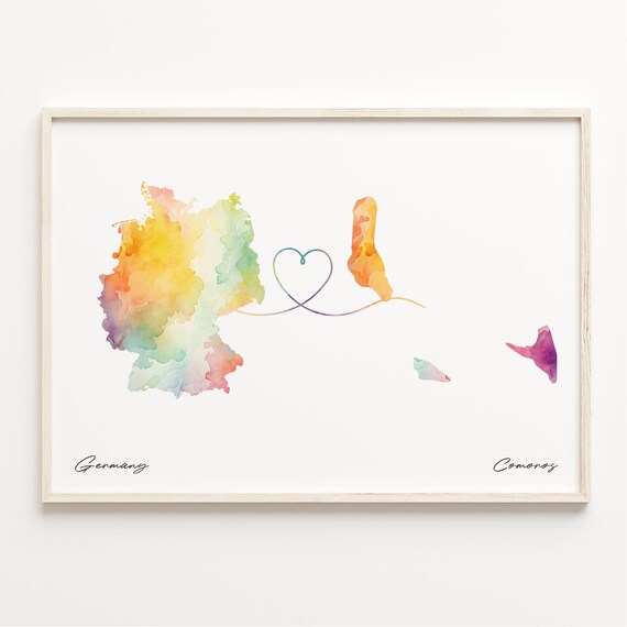 Germany To Comoros Heart Loop Watercolor Map Couples Gift Poster