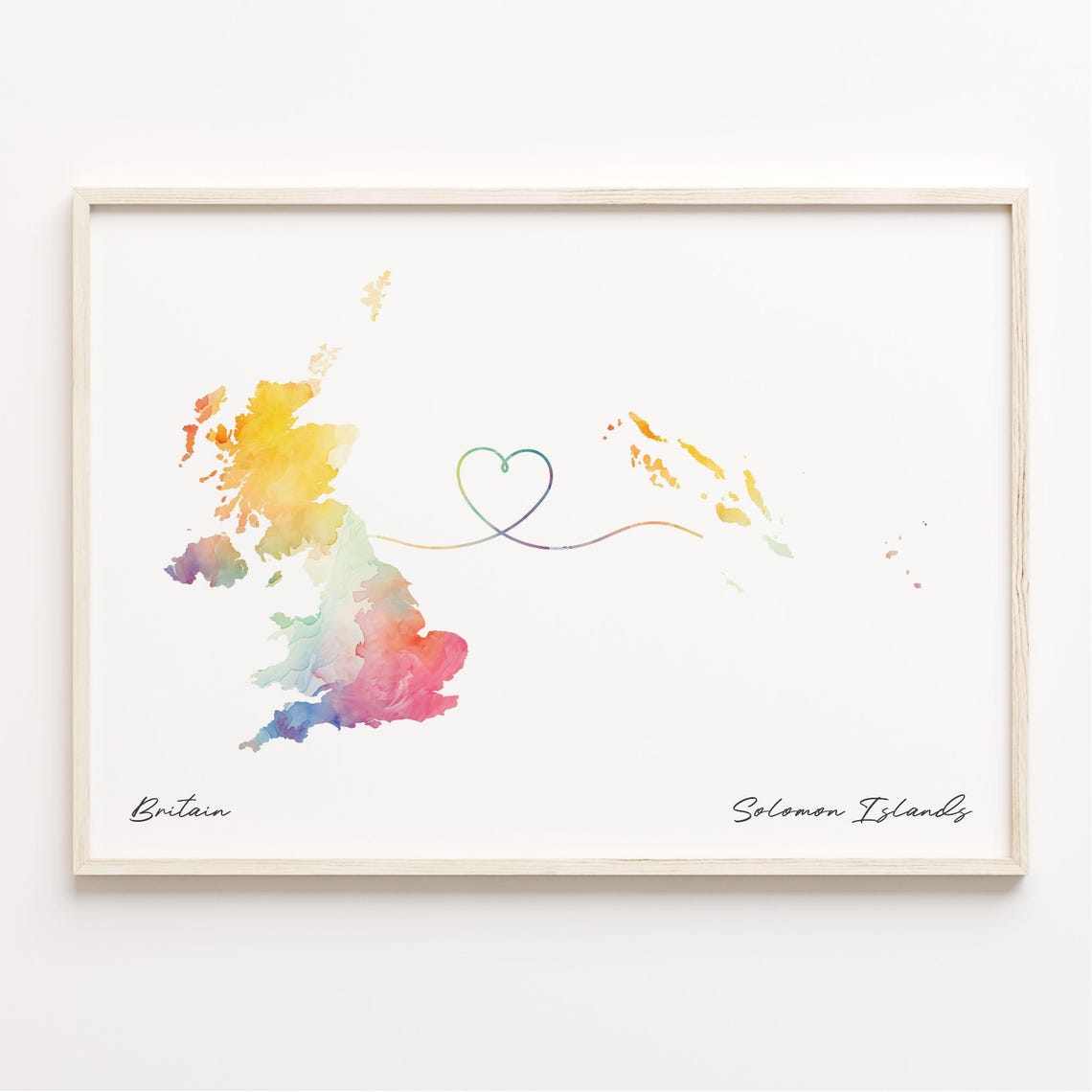 Britain to Solomon Islands Watercolor Map Heart Connection Poster