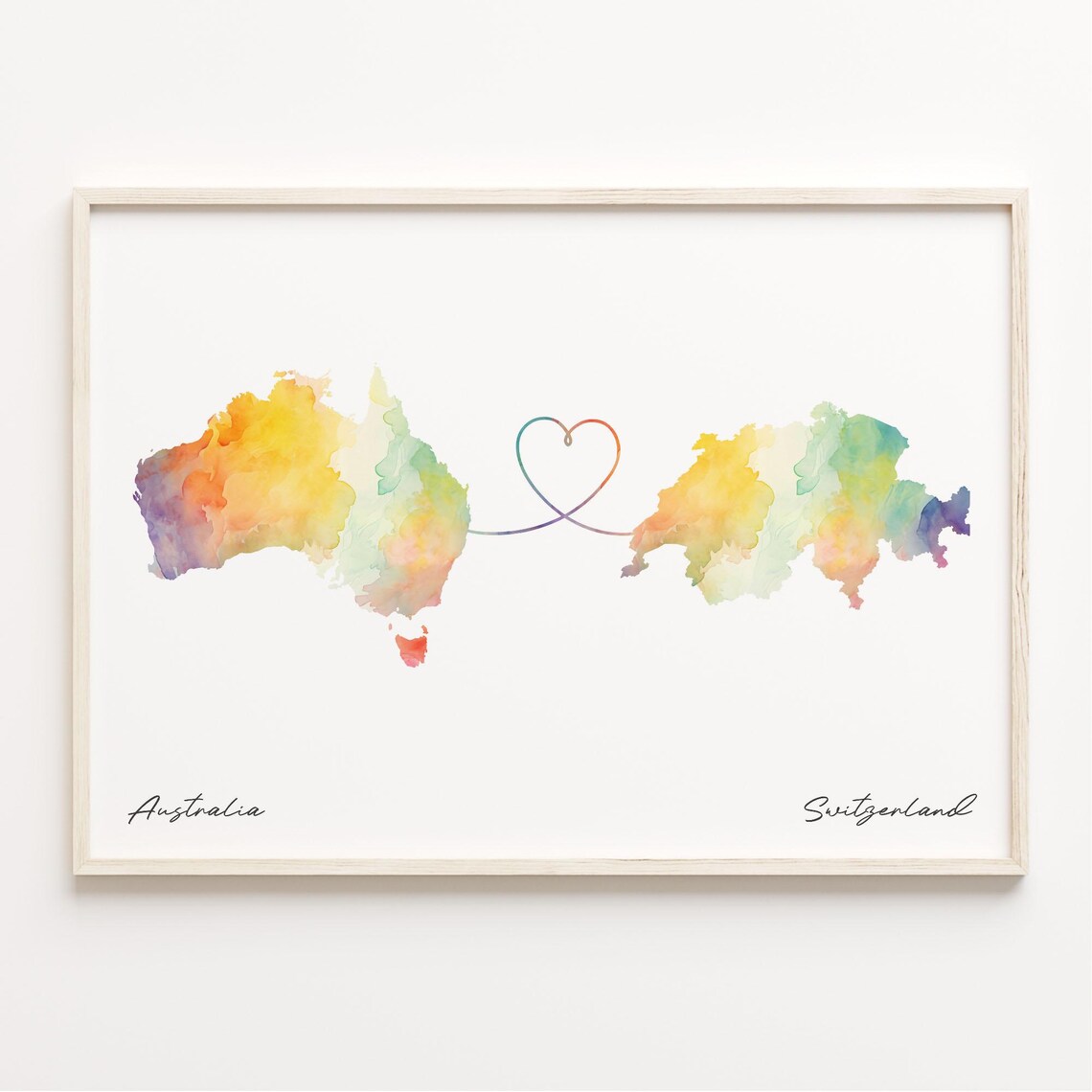 Australia To Switzerland Watercolor Map Art Print