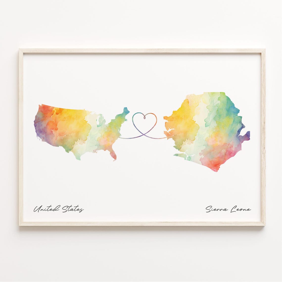 United States To Sierra Leone Watercolor Heart Map Love Gift Print