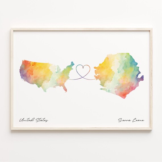 United States To Sierra Leone Watercolor Heart Map Love Gift Print