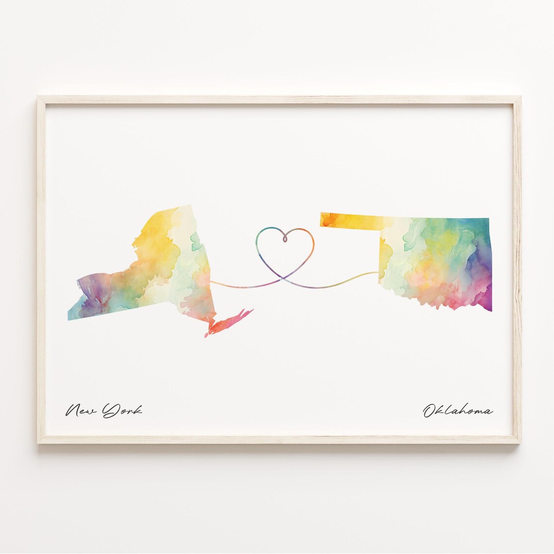 New York To Oklahoma Heart Watercolor Map Travel Gift Poster