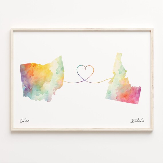 Ohio to Idaho Watercolor State Map Heart Connection Long Distance Print
