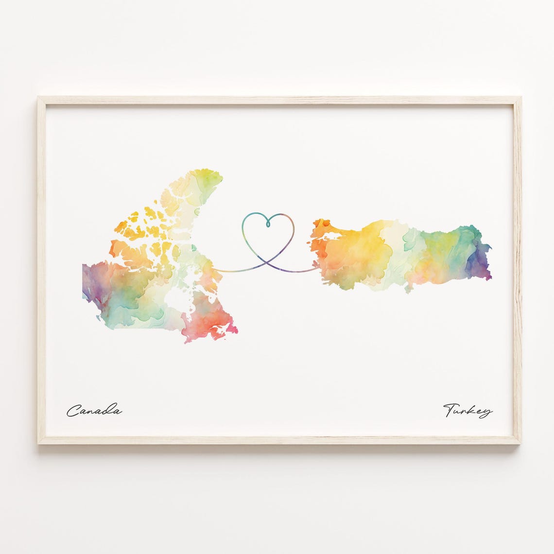 Canada To Turkey Watercolor Heart Map Long Distance Love Poster