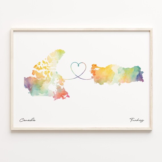 Canada To Turkey Watercolor Heart Map Long Distance Love Poster