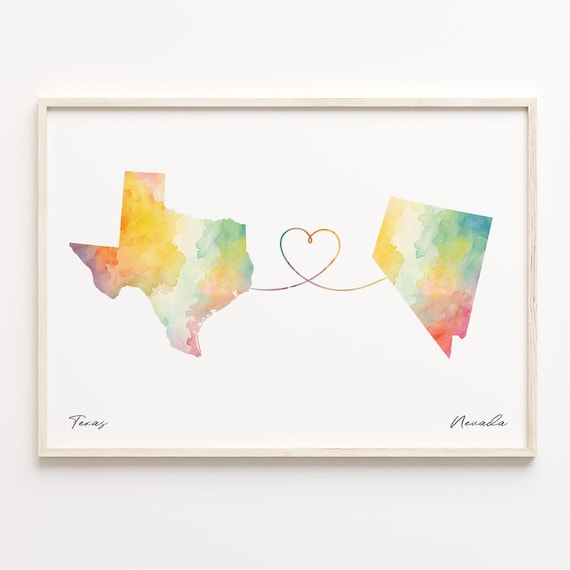 Texas To Nevada Watercolor Heart Connection State Map Art Poster