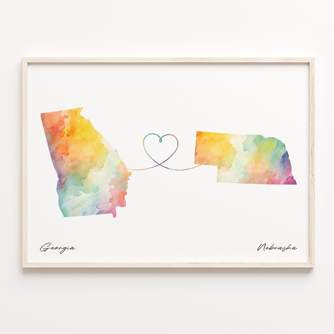 Georgia to Nebraska Watercolor Heart Map Long Distance Love Print
