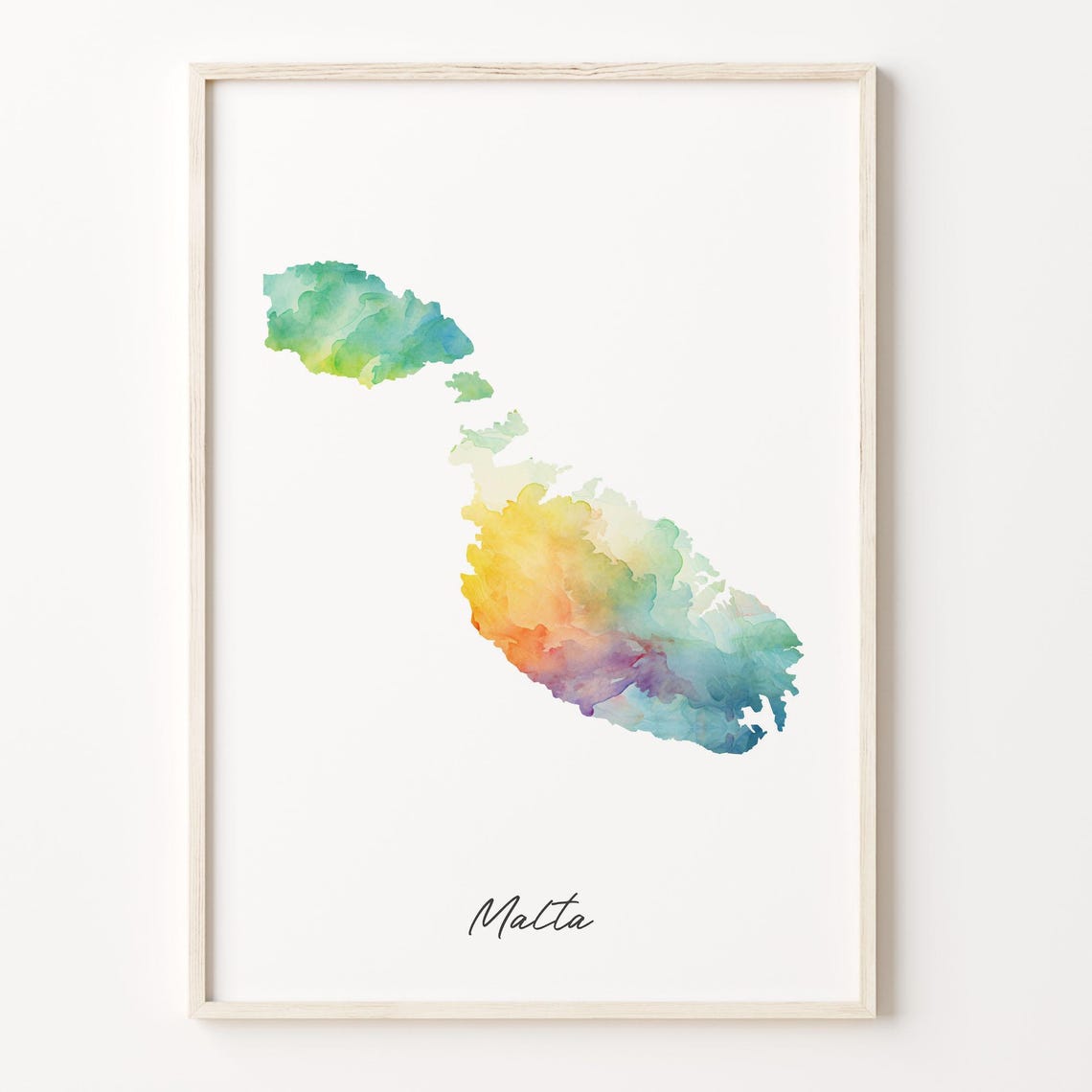 Malta Watercolor Map Island Teal Yellow Script Country Wall Art