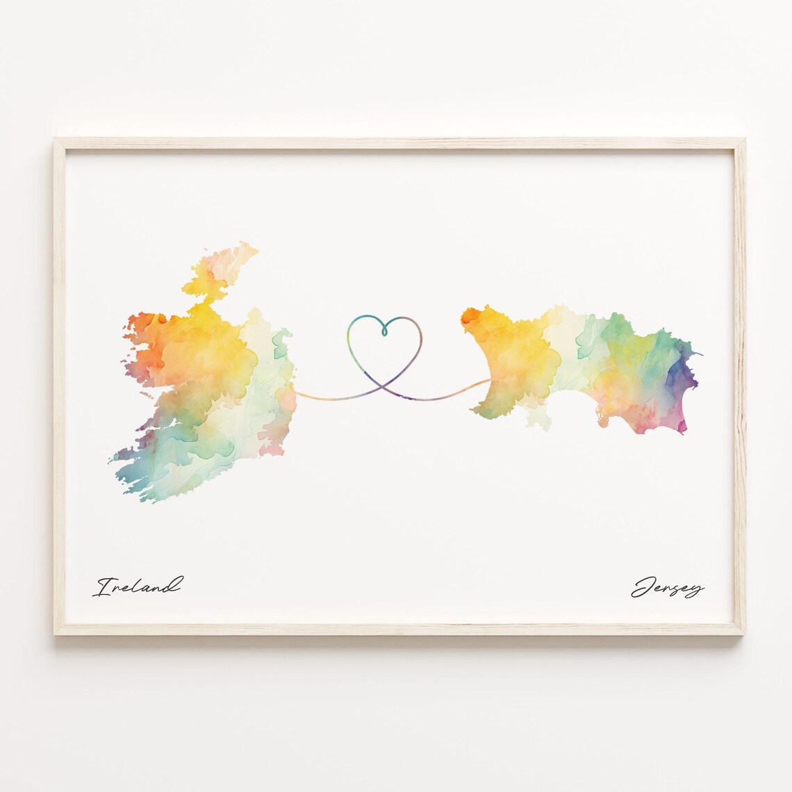 Ireland To Jersey Watercolor Country Maps Heart Connection Line Wall Art