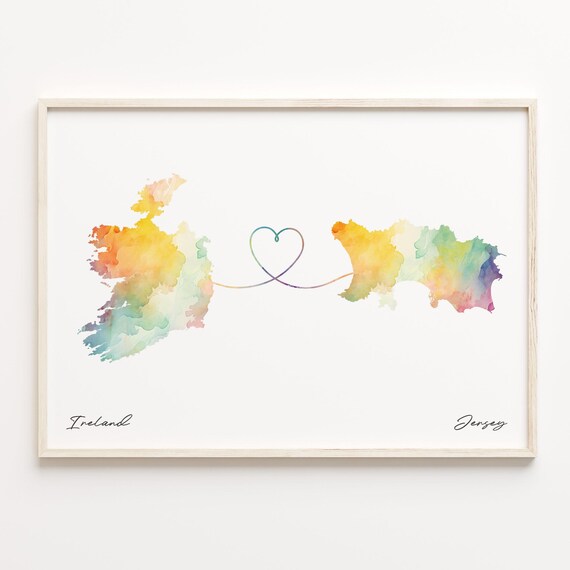 Ireland To Jersey Watercolor Country Maps Heart Connection Line Wall Art
