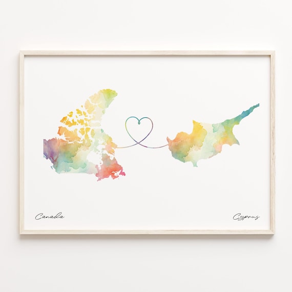 Canada to Cyprus Watercolor Heart Connection Map Keepsake Poster