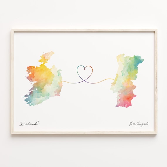 Ireland to Portugal Watercolor Love Map Heart Connection Poster