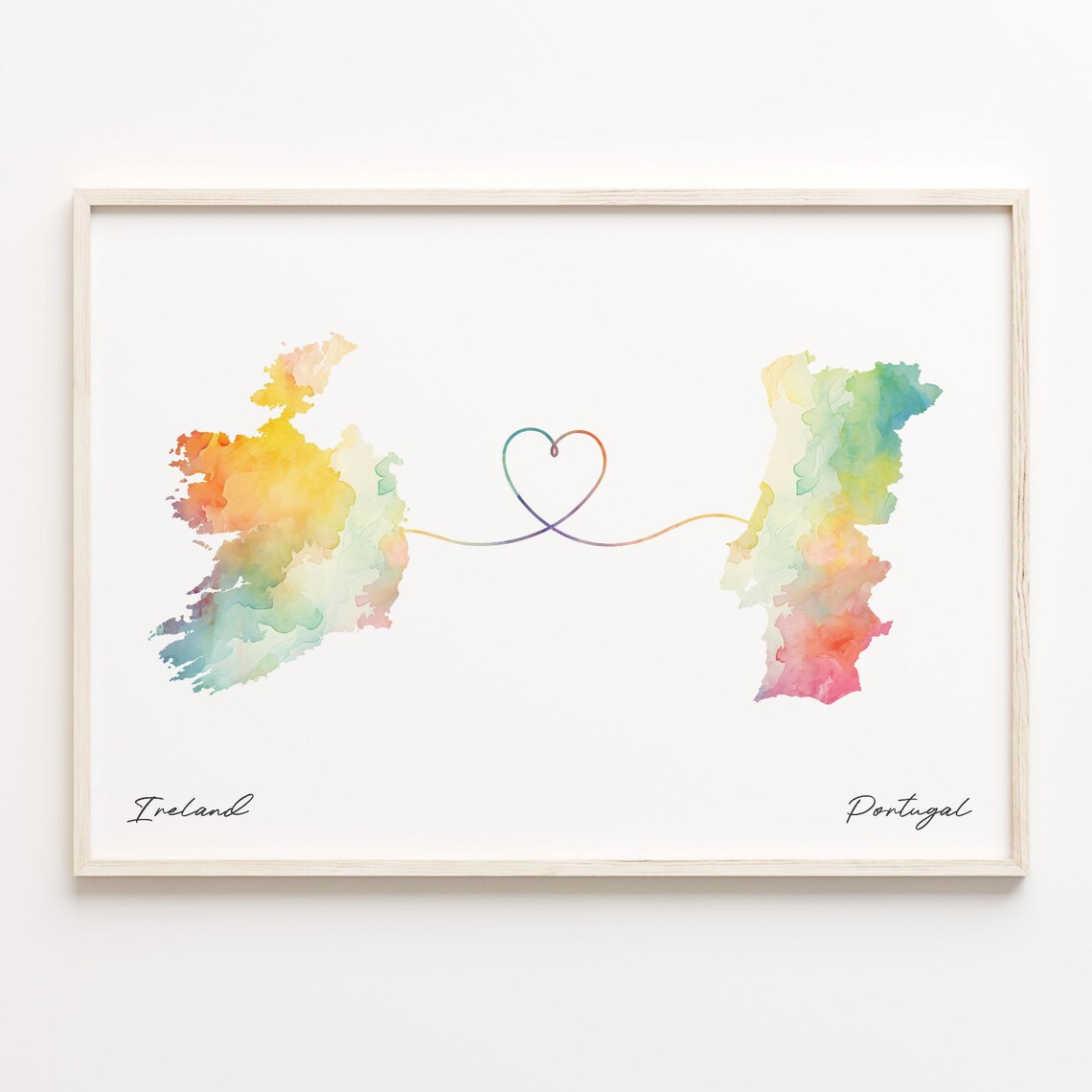 Ireland to Portugal Watercolor Love Map Heart Connection Poster