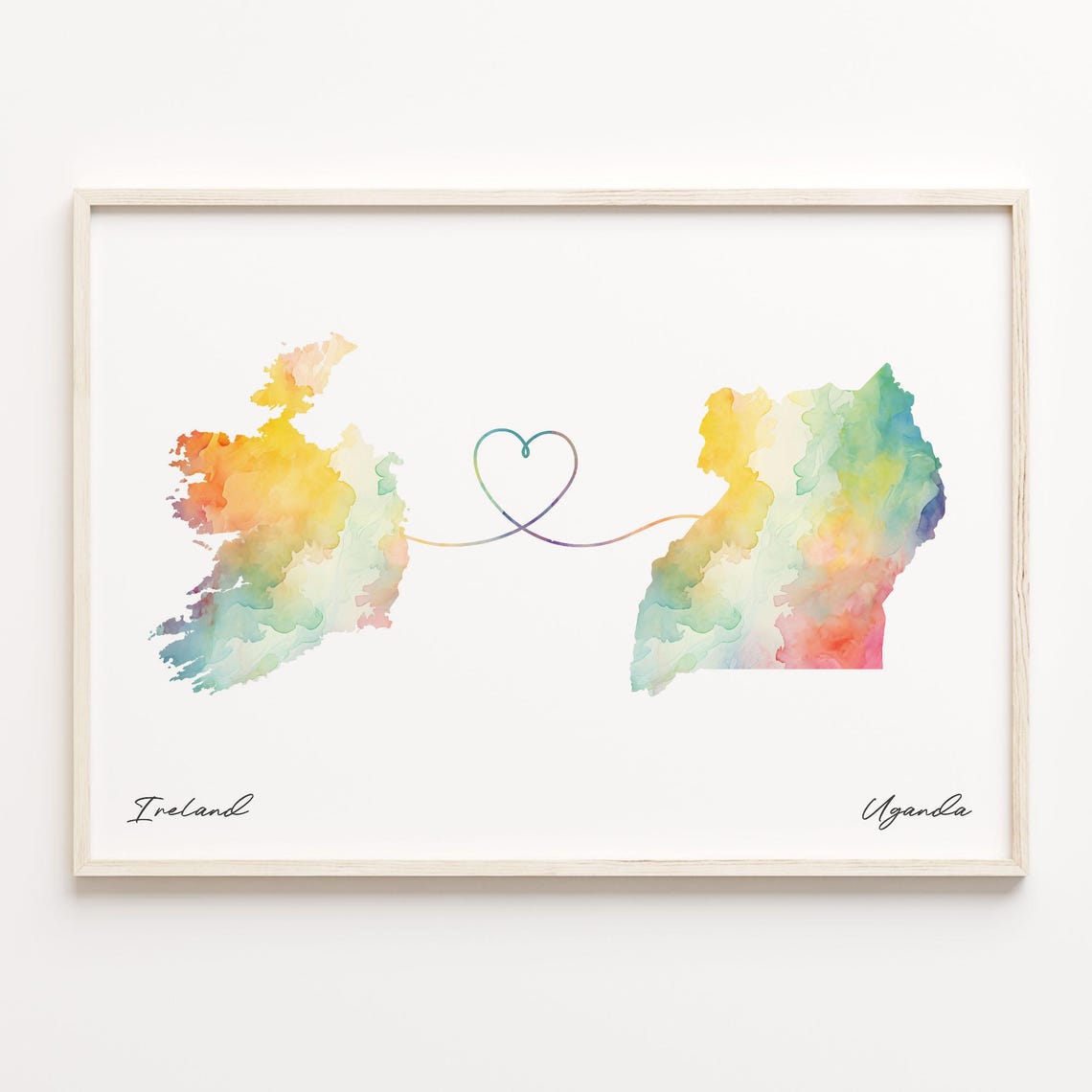 Ireland to Uganda Watercolor Map Heart Long Distance Art Print