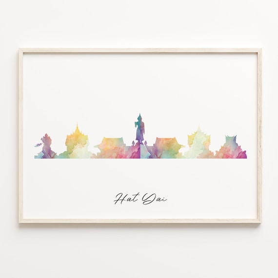 Hat Yai Thailand Pastel Watercolor Skyline Cityscape Travel Poster