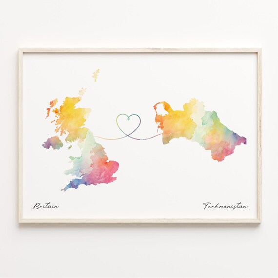 Britain Turkmenistan Watercolor Map Print Heart Connection Gift Decor