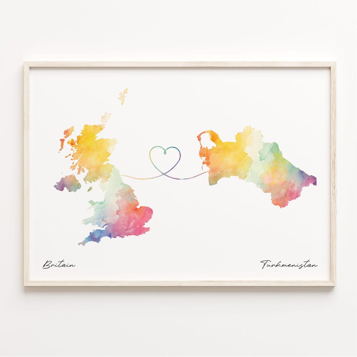 Britain Turkmenistan Watercolor Map Print Heart Connection Gift Decor