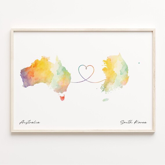 Australia To South Korea Watercolor Heart Map Long Distance Love Poster