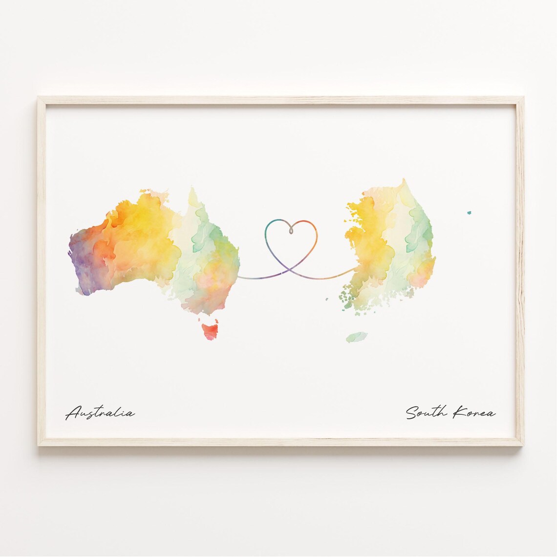 Australia To South Korea Watercolor Heart Map Long Distance Love Poster