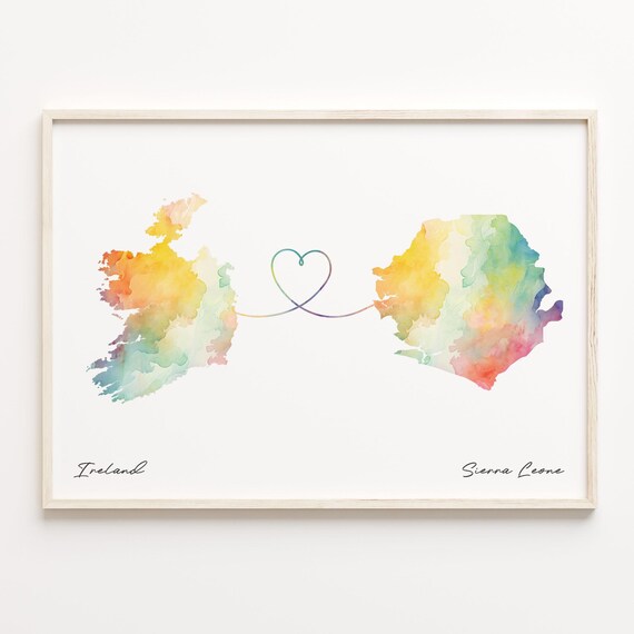 Ireland To Sierra Leone Watercolor Map Heart Connection Travel Poster