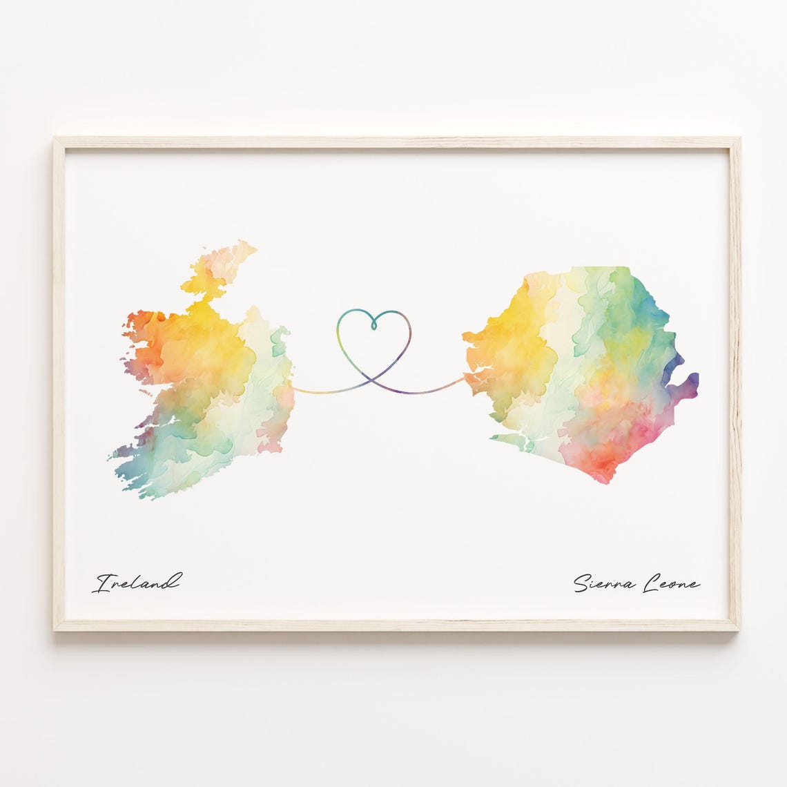 Ireland To Sierra Leone Watercolor Map Heart Connection Travel Poster