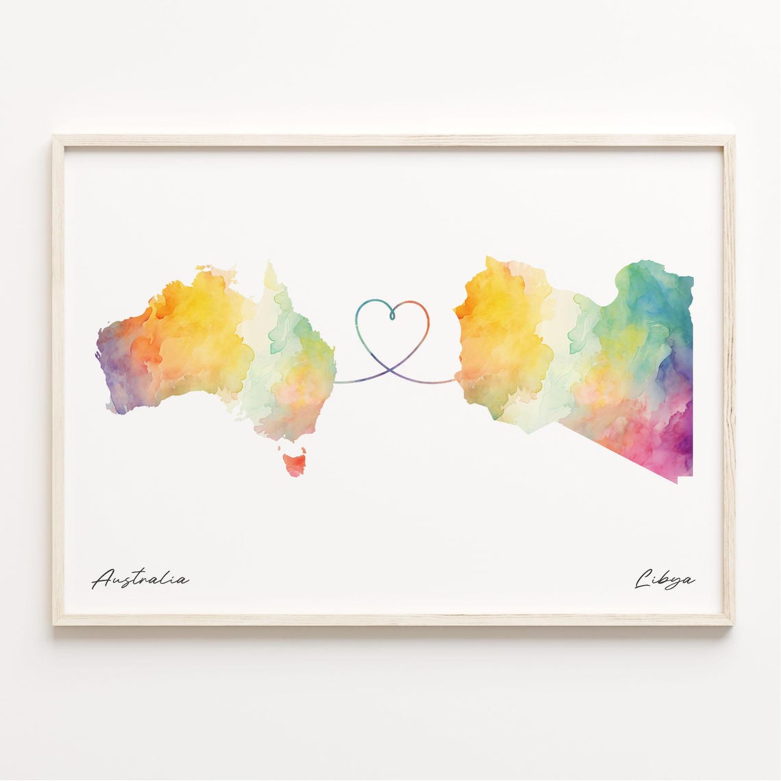 Australia To Libya Watercolor Map Joined By Heart Long Distance Print