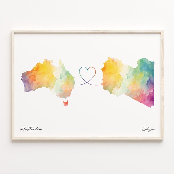Australia To Libya Watercolor Map Joined By Heart Long Distance Print