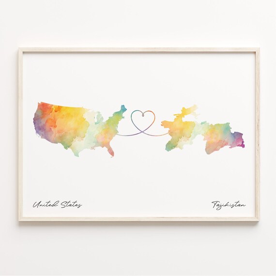 United States Tajikistan Watercolor Map Heart Connection Wall Art