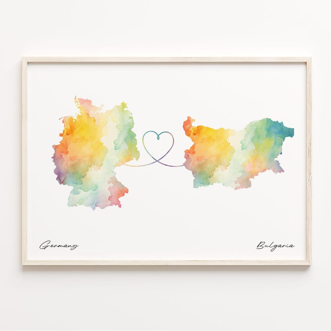 Germany To Bulgaria Long Distance Watercolor Heart Map Poster