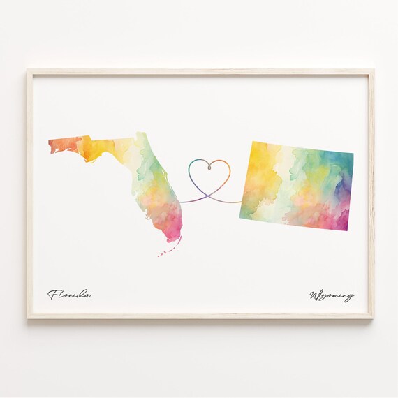 Florida To Wyoming Watercolor Map Heart Long Distance Connection Poster