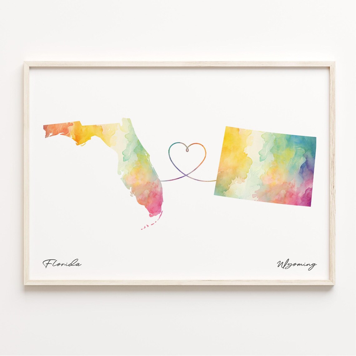 Florida To Wyoming Watercolor Map Heart Long Distance Connection Poster