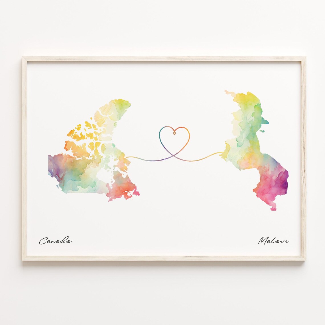 Canada To Malawi Watercolor Map Heart Connection Couple Art Poster