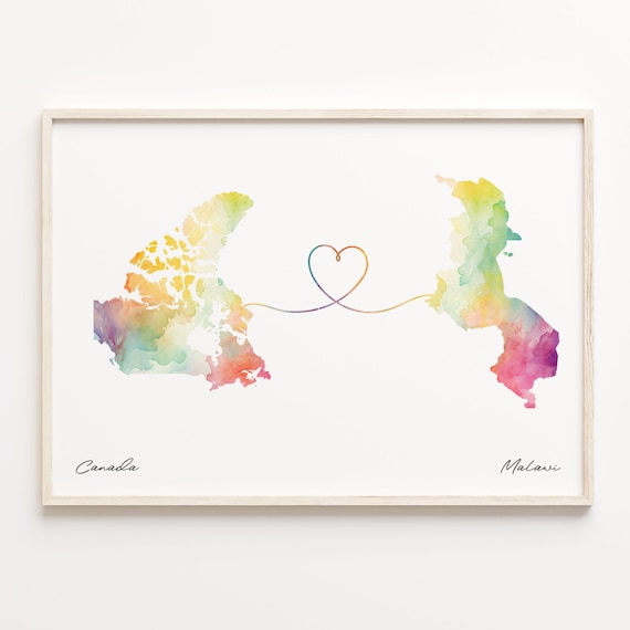 Canada To Malawi Watercolor Map Heart Connection Couple Art Poster