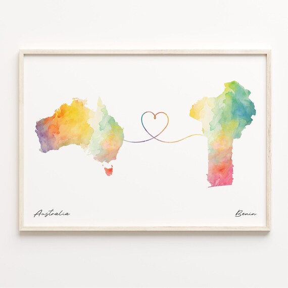 Australia To Benin Watercolor Heart Map Long Distance Love Art Print