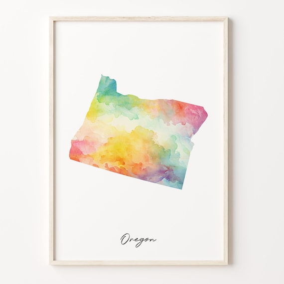 Oregon Watercolor State Map Rainbow Abstract Art Print Decor Gift