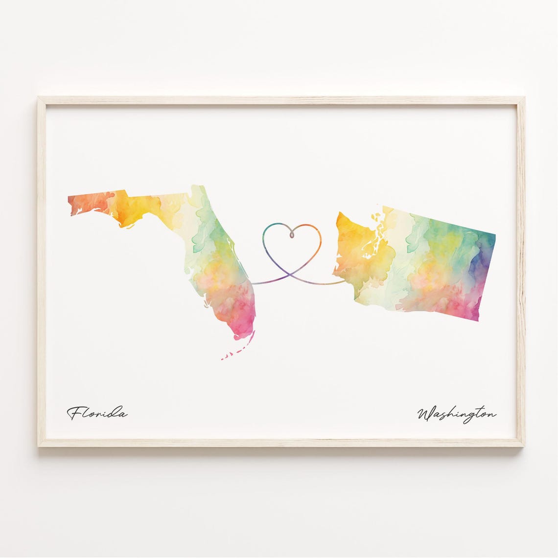 Florida To Washington Watercolor Map Poster With Heart Connection Art