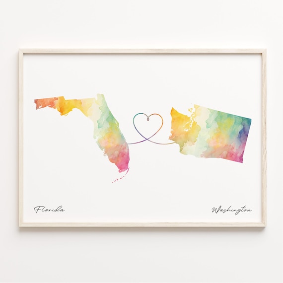 Florida To Washington Watercolor Map Poster With Heart Connection Art