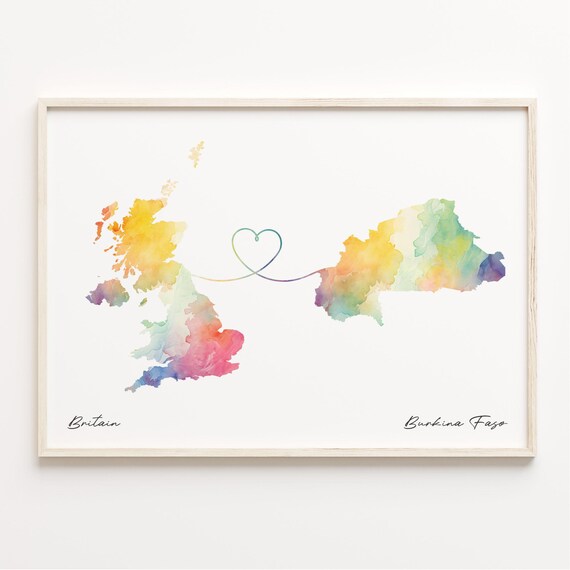 Britain to Burkina Faso Watercolor Heart Long Distance Poster