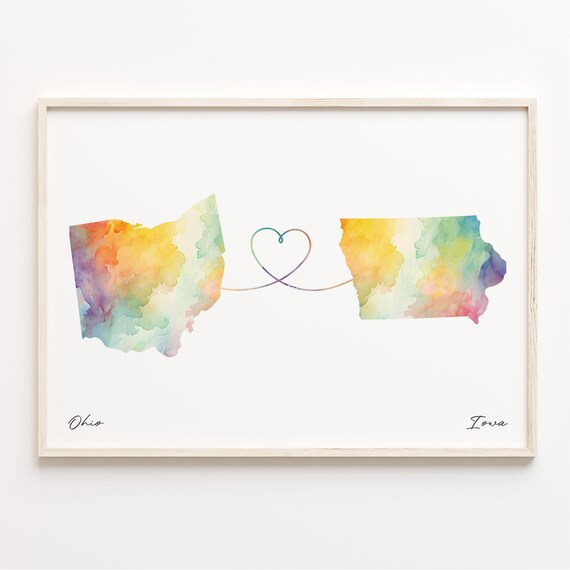 Ohio To Iowa Watercolor Map Long Distance Love Heart Gift Print