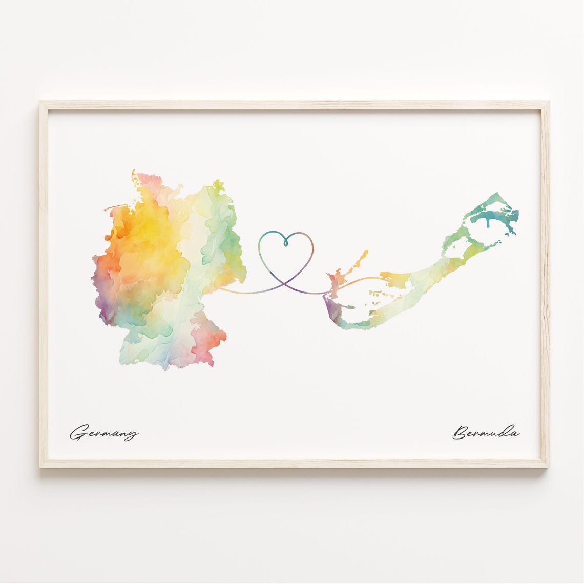 Germany to Bermuda Watercolor Heart Connection Couple Map Art Print