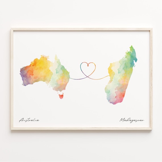 Australia to Madagascar Watercolor Heart Connection Map Poster